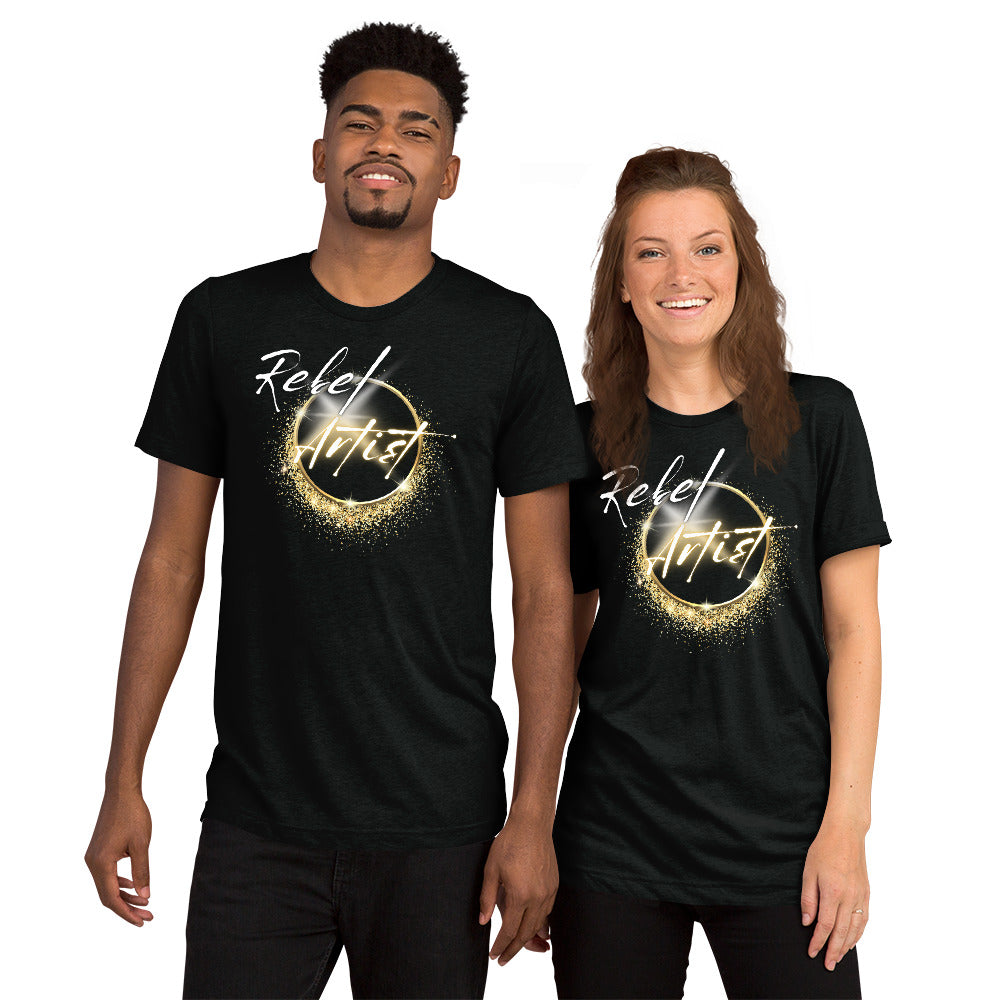 Rebel Artist Short Sleeve T-Shirt: A dynamic, lightning bolt-inspired design in Solid Black, Charcoal Black, and Emerald colors. Crafted from airy triblend fabric for ultimate comfort and freedom. Unleash your creativity and courage with this expressive and liberating t-shirt. ⚡🖤🌑 #FashionFreedom #RebelArtistApparel