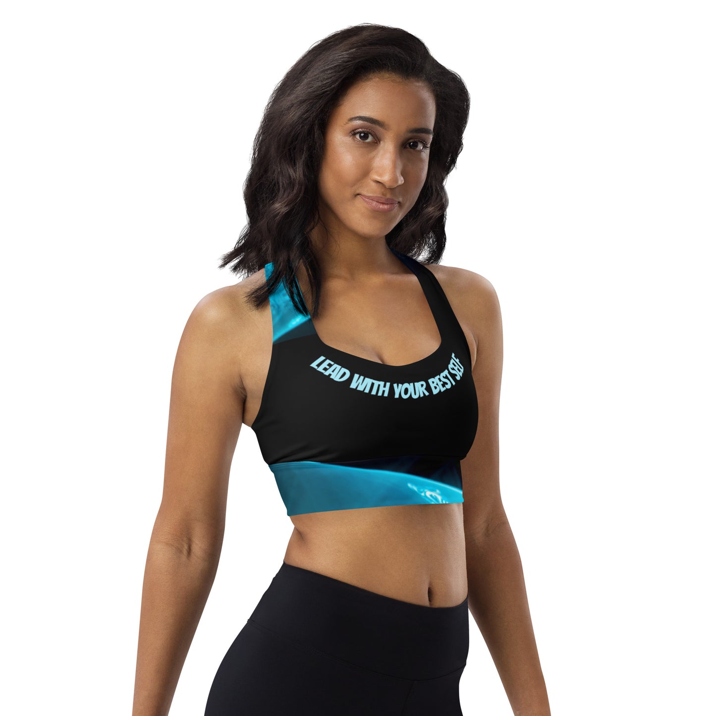 Artists, it’s not enough to want it; you have to be it.  Set your trajectory towards the spotlight in SpotlYght Seeker’s Aqua SpotlYght Sports Bra - Dress where you want to be SpotlYght Seeker.