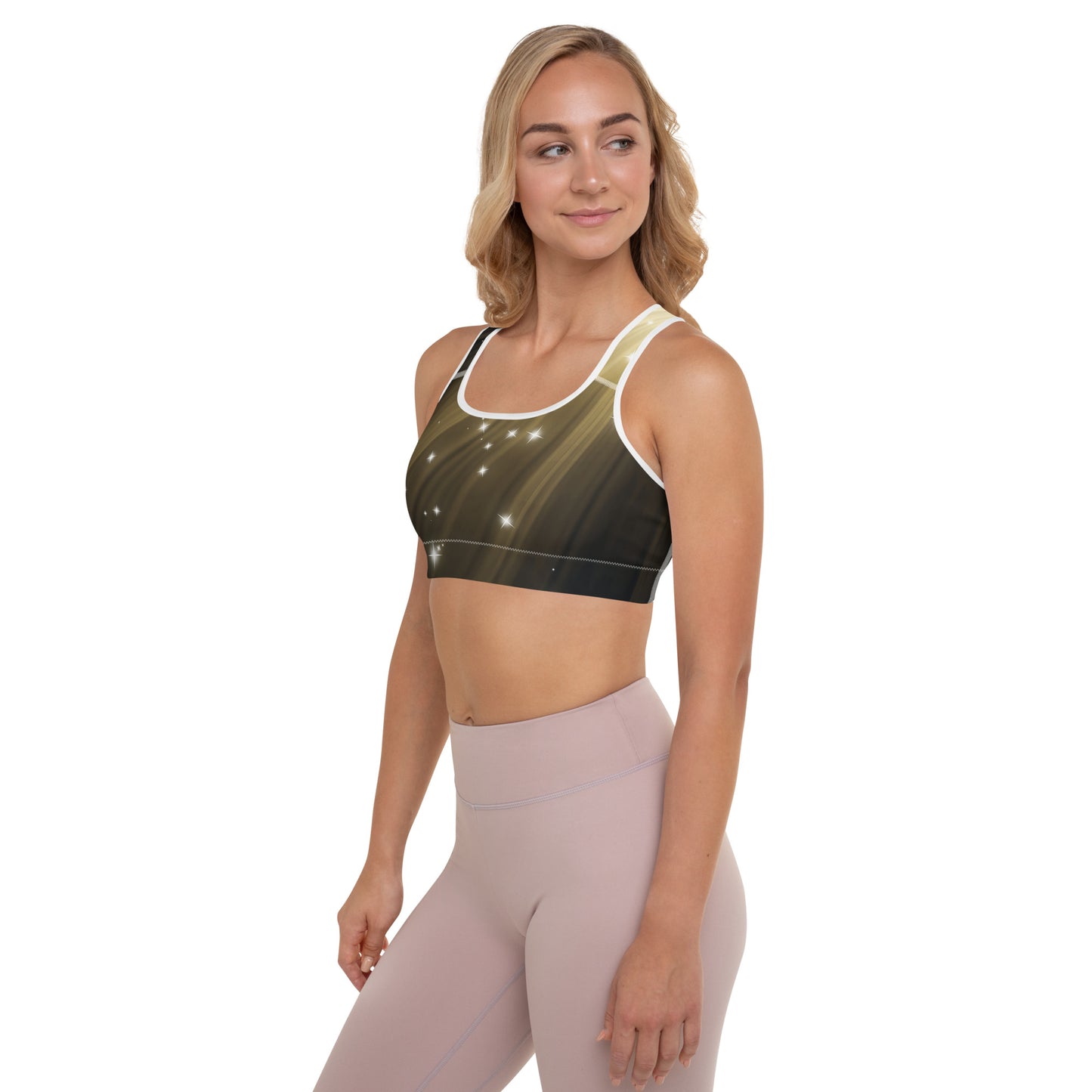 Female artist shine bright rocking your Gold Spotlyght Padded Sports Bra