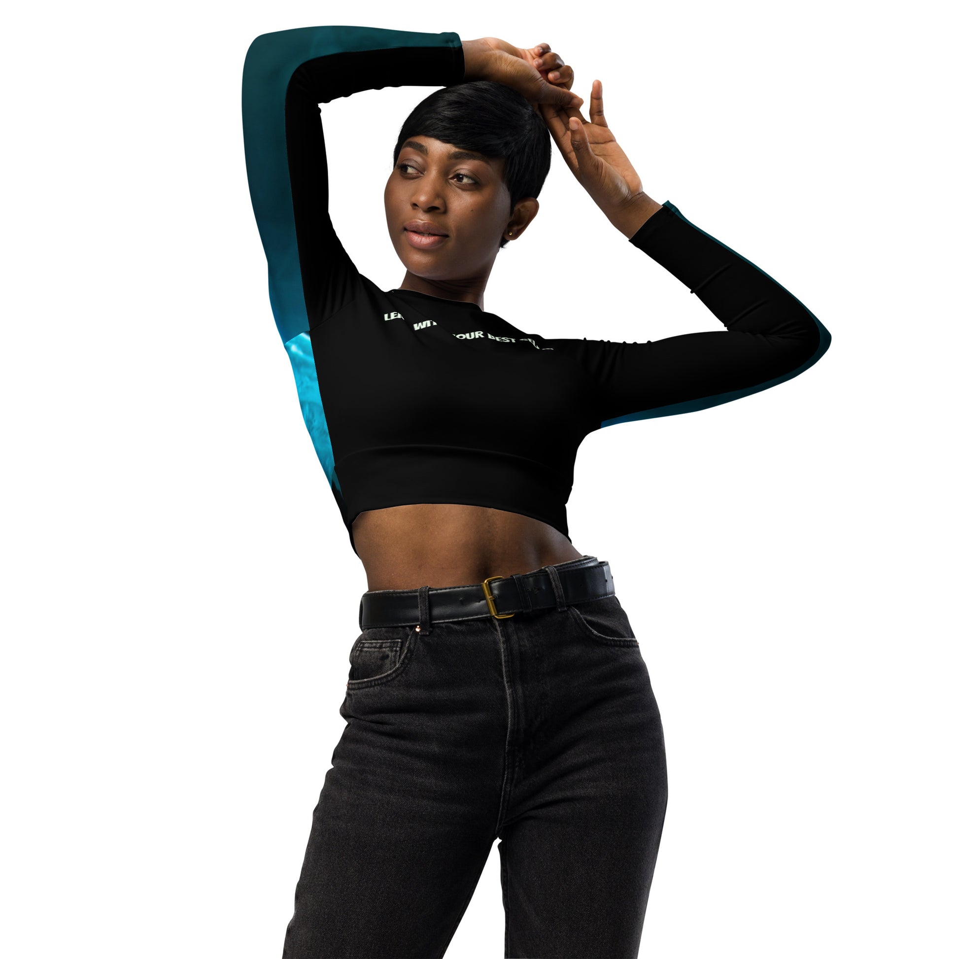 See yourself in the Spotlight in these LBS Aqua Long-Sleeve Crop Top for the Female Artist.