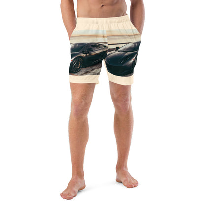 Male artist confidently stands out in vibrant race car swim trunks from SpotlYght Seeker, symbolizing success and creative expression. Skrrt your way to style and savings!