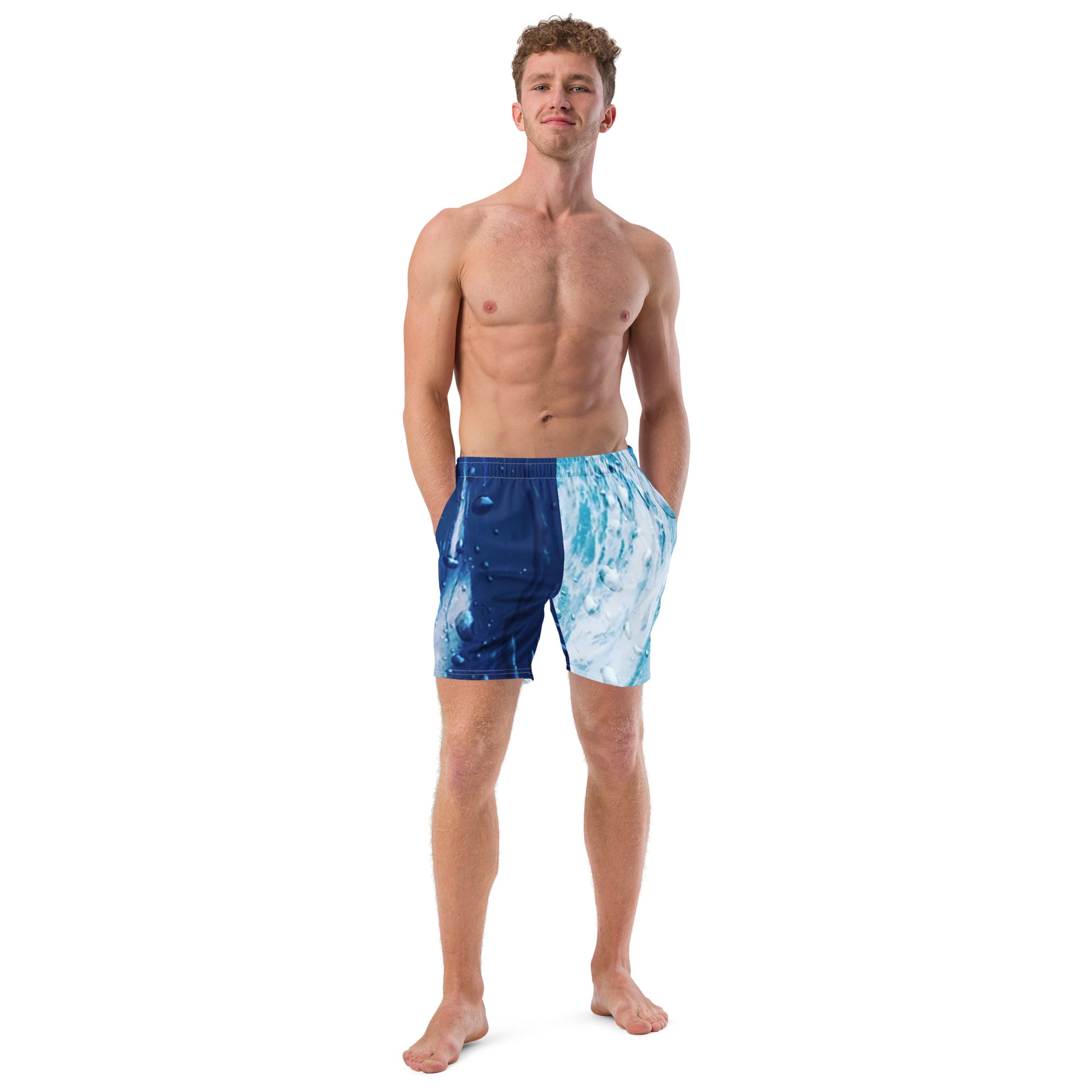 Dedicated artists wearing vibrant Ride the Wave Swim Trunks, embodying the artistic journey's highs and lows with the passion that drives their creativity. Embrace the ups and downs with SpotlYght Seeker's inspirational blend of style and support at the beach.