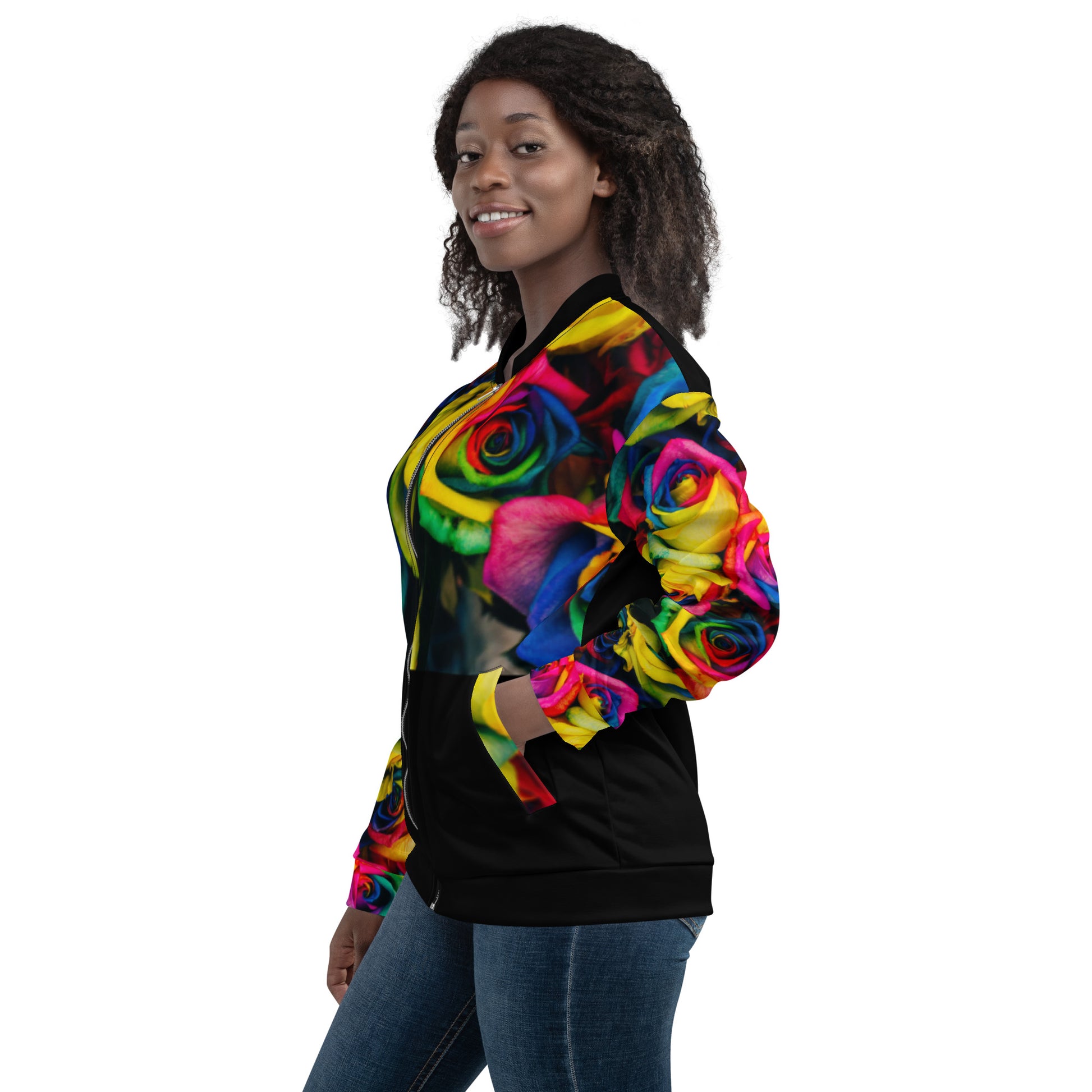 Moonlight & Roses Unisex Bomber Jacket - Full Sleeves from the Bravo & Roses Collection - Because artists deserve praise!  Gift yourself SpotlYght Seeker. You've earned it.  Let this statement piece be a  symbol of self-praise and empowerment, a perfect gift to yourself.